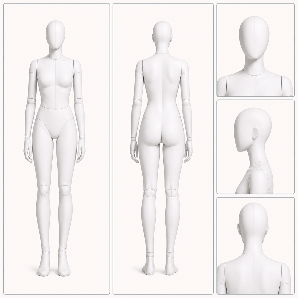 정사각형 캐릭터 시트의 전신 정면, 후면과 얼굴 방향별 배치 예시